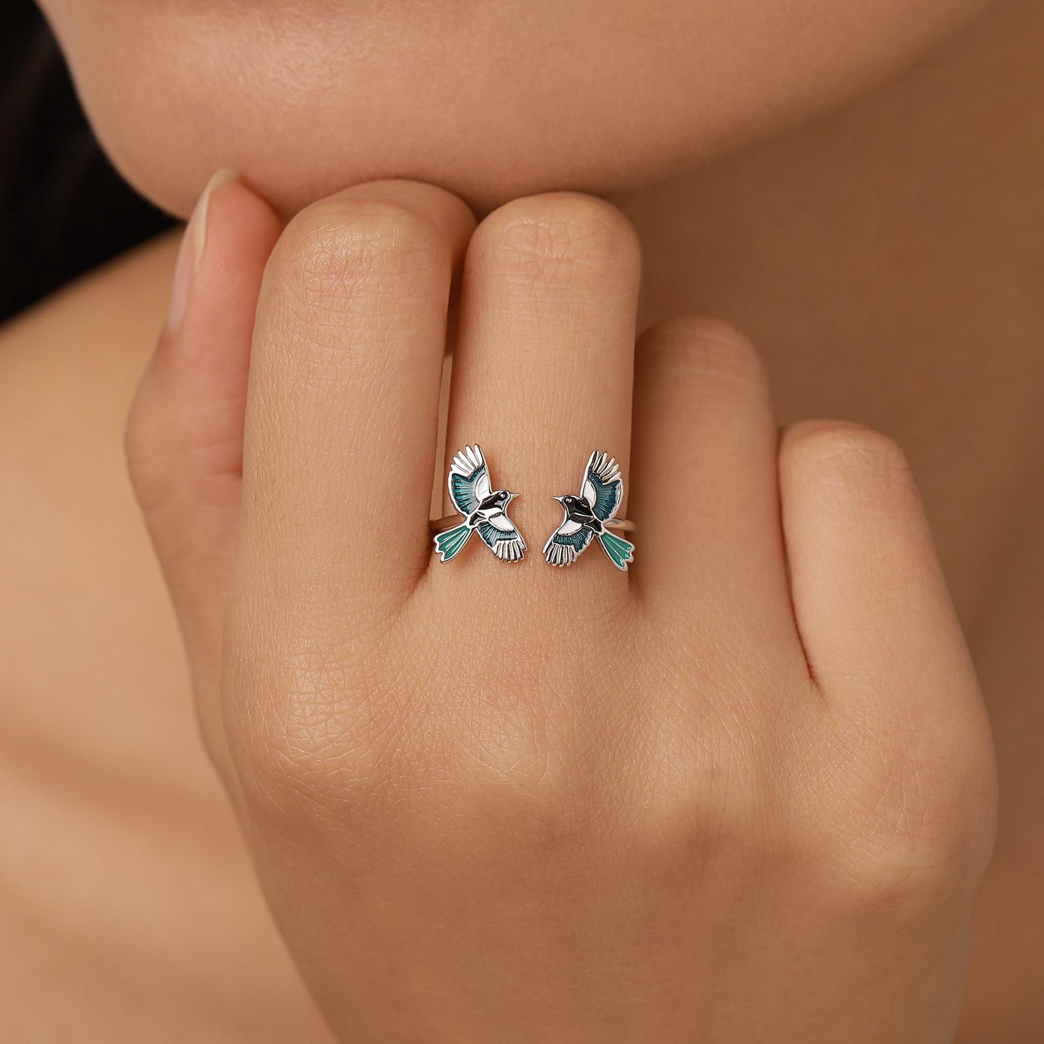 Sterling Silver Enamel Two Magpies Open Ring