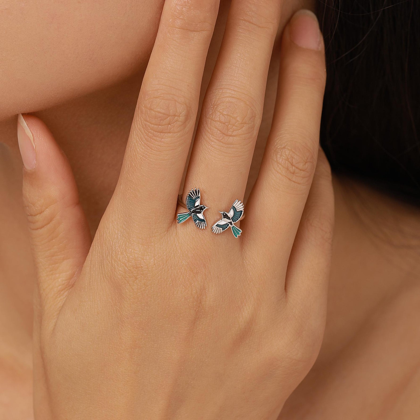 Sterling Silver Enamel Two Magpies Open Ring
