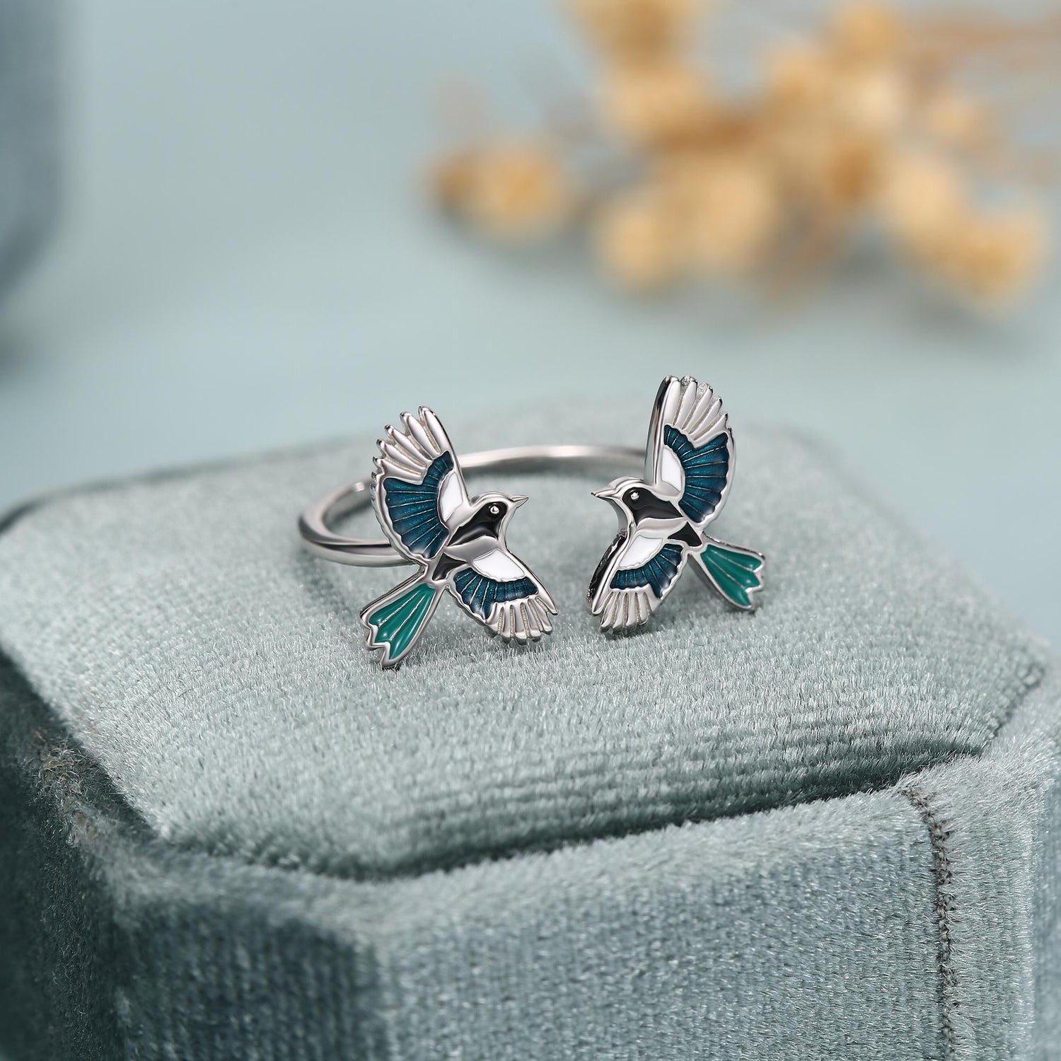 Sterling Silver Enamel Two Magpies Open Ring