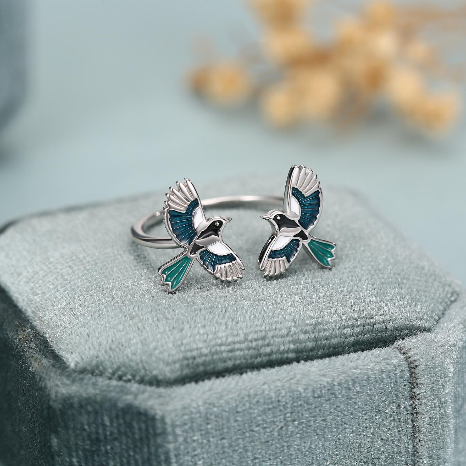 Sterling Silver Enamel Two Magpies Open Ring