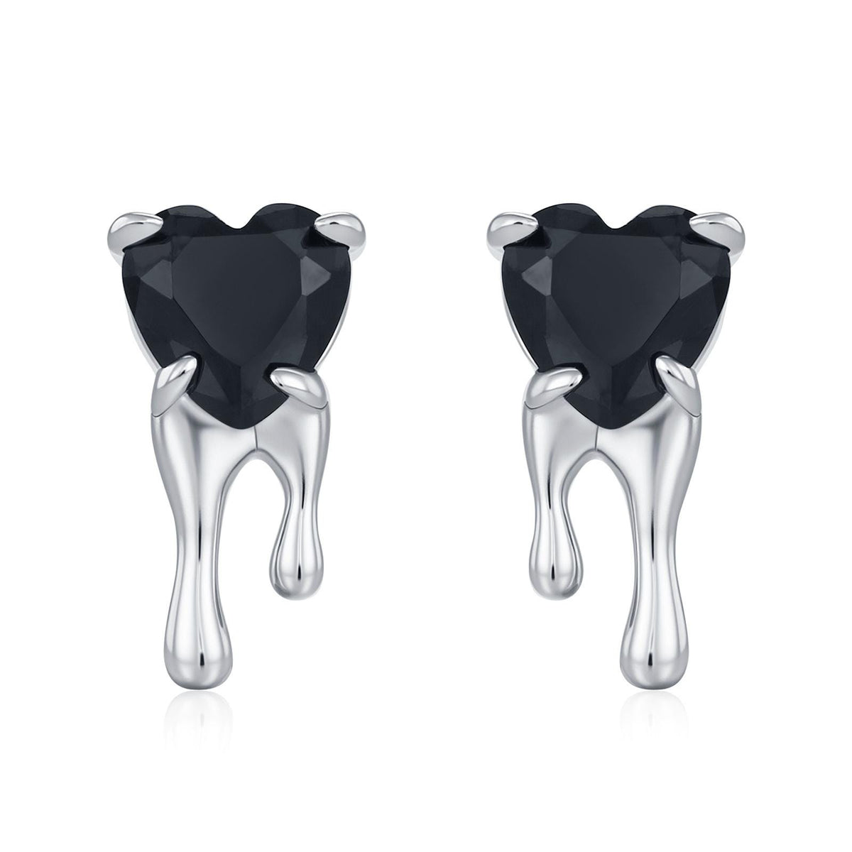 Sterling Silver Bleeding Black CZ Heart Stud Earrings