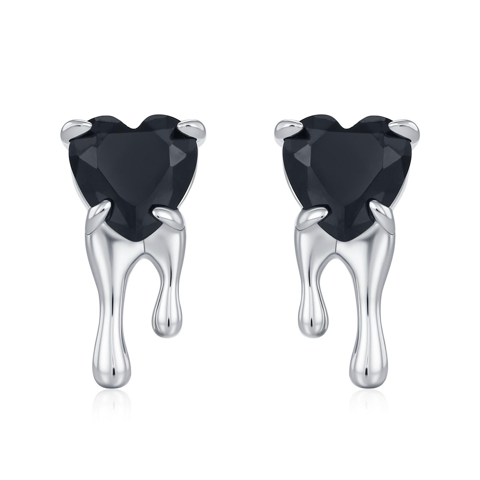 Sterling Silver Bleeding Black CZ Heart Stud Earrings