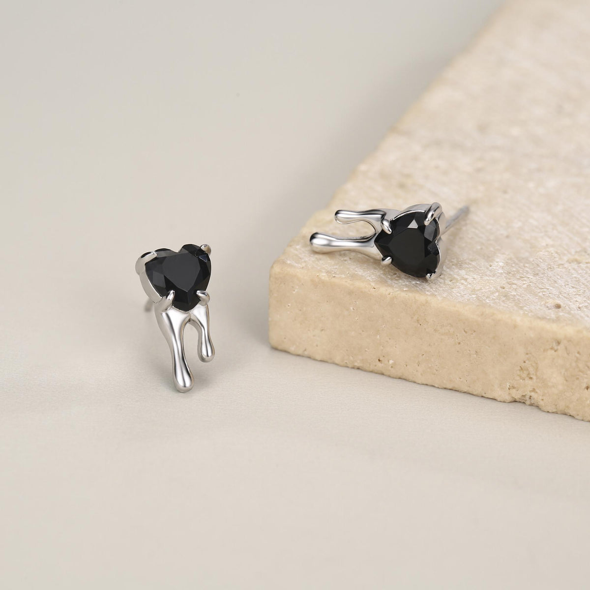 Sterling Silver Bleeding Black CZ Heart Stud Earrings