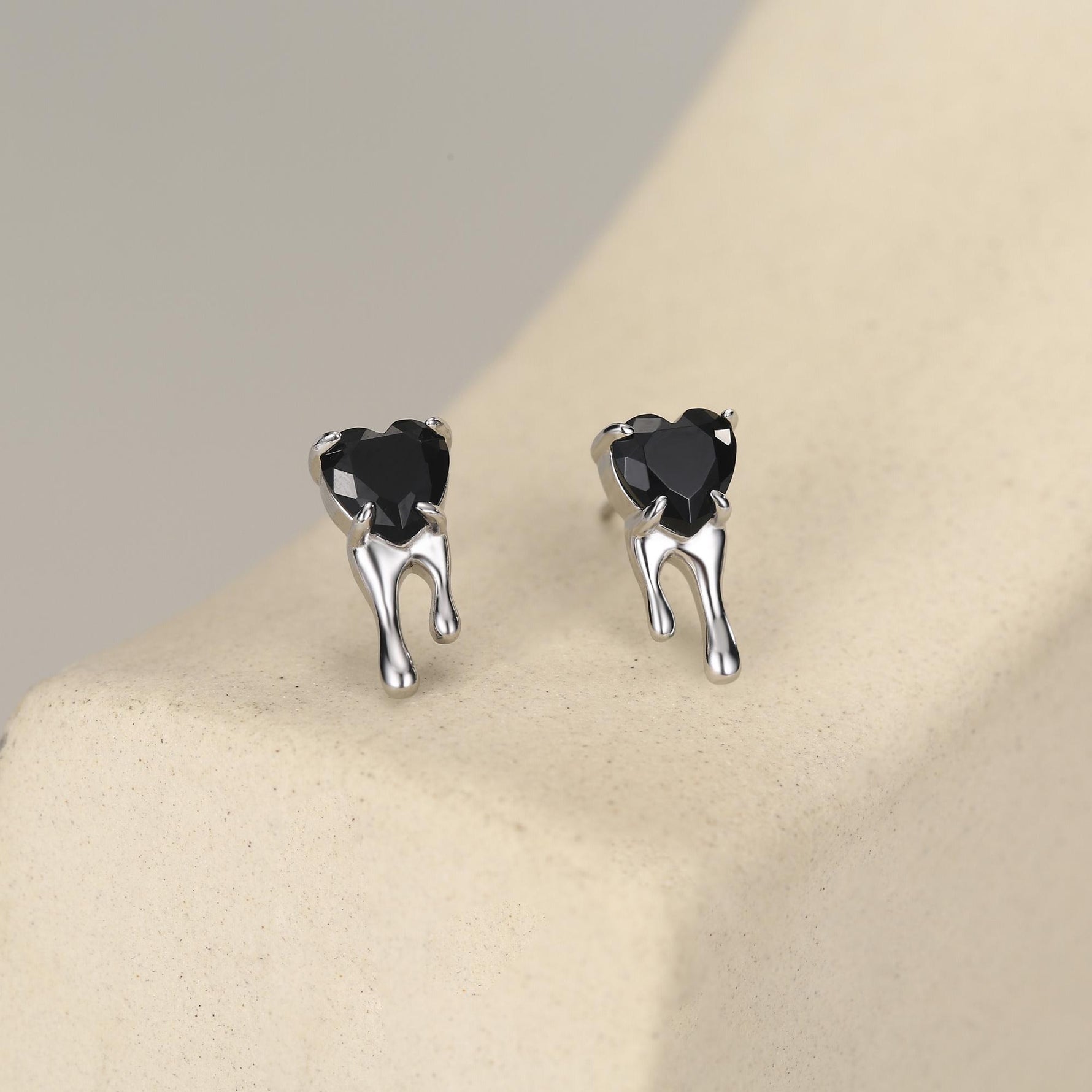 Sterling Silver Bleeding Black CZ Heart Stud Earrings
