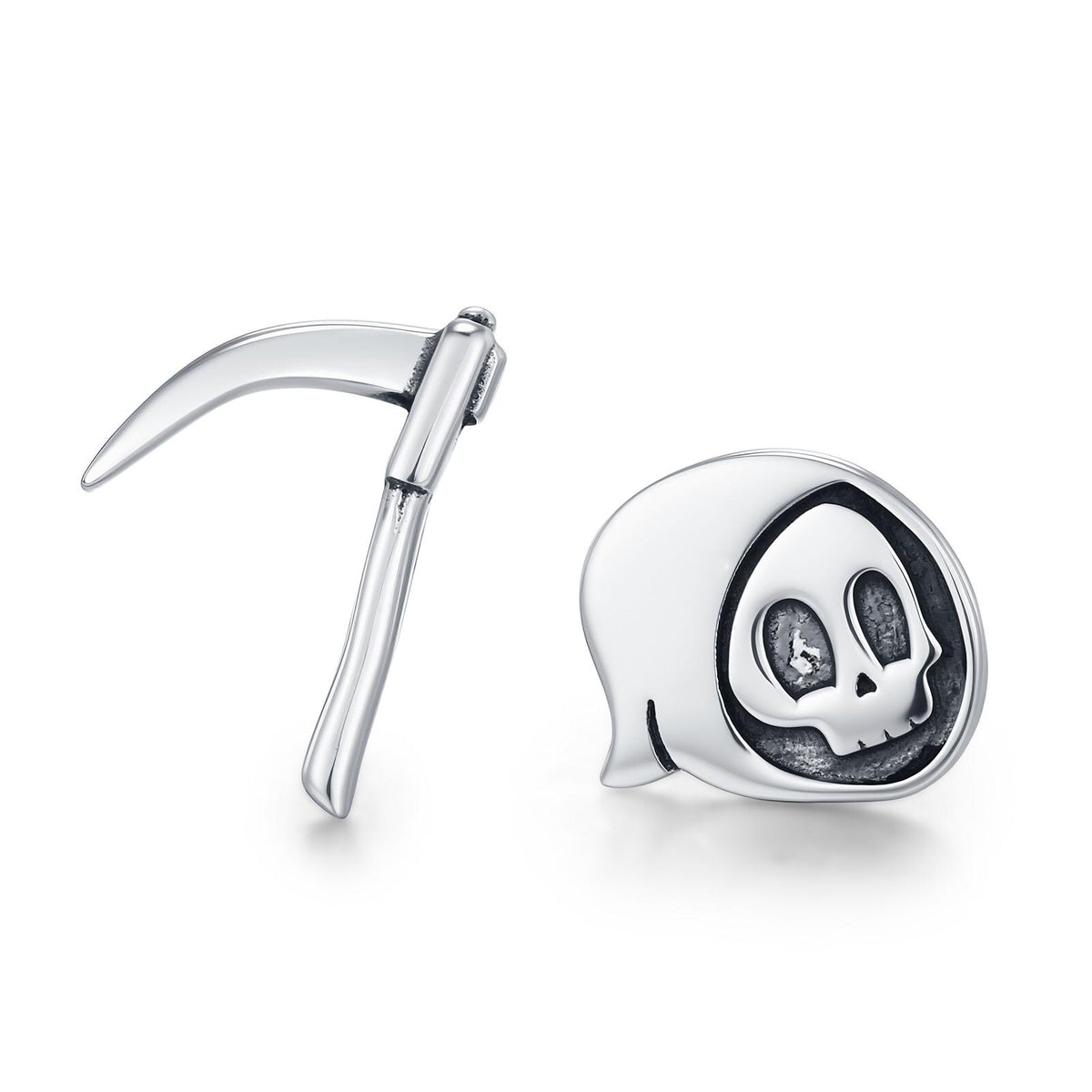 Sterling Silver Mismatched Grim Reaper and Scythe Stud Earrings