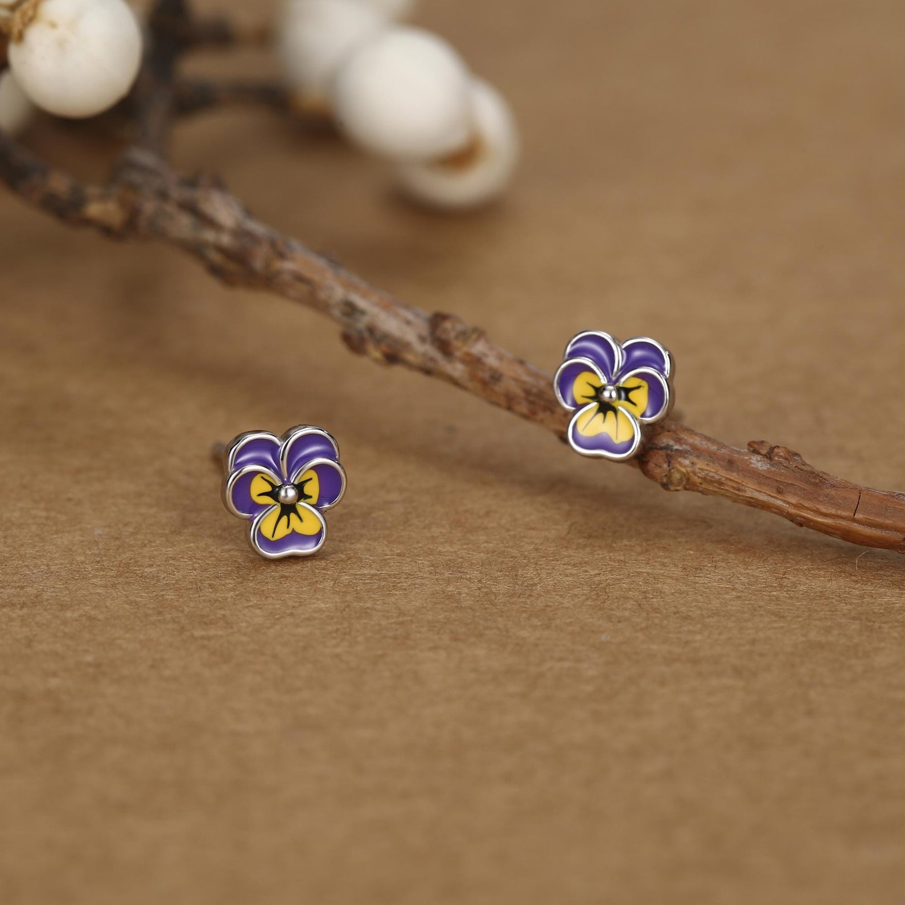 Sterling Silver Enamel Pansy Stud Earrings