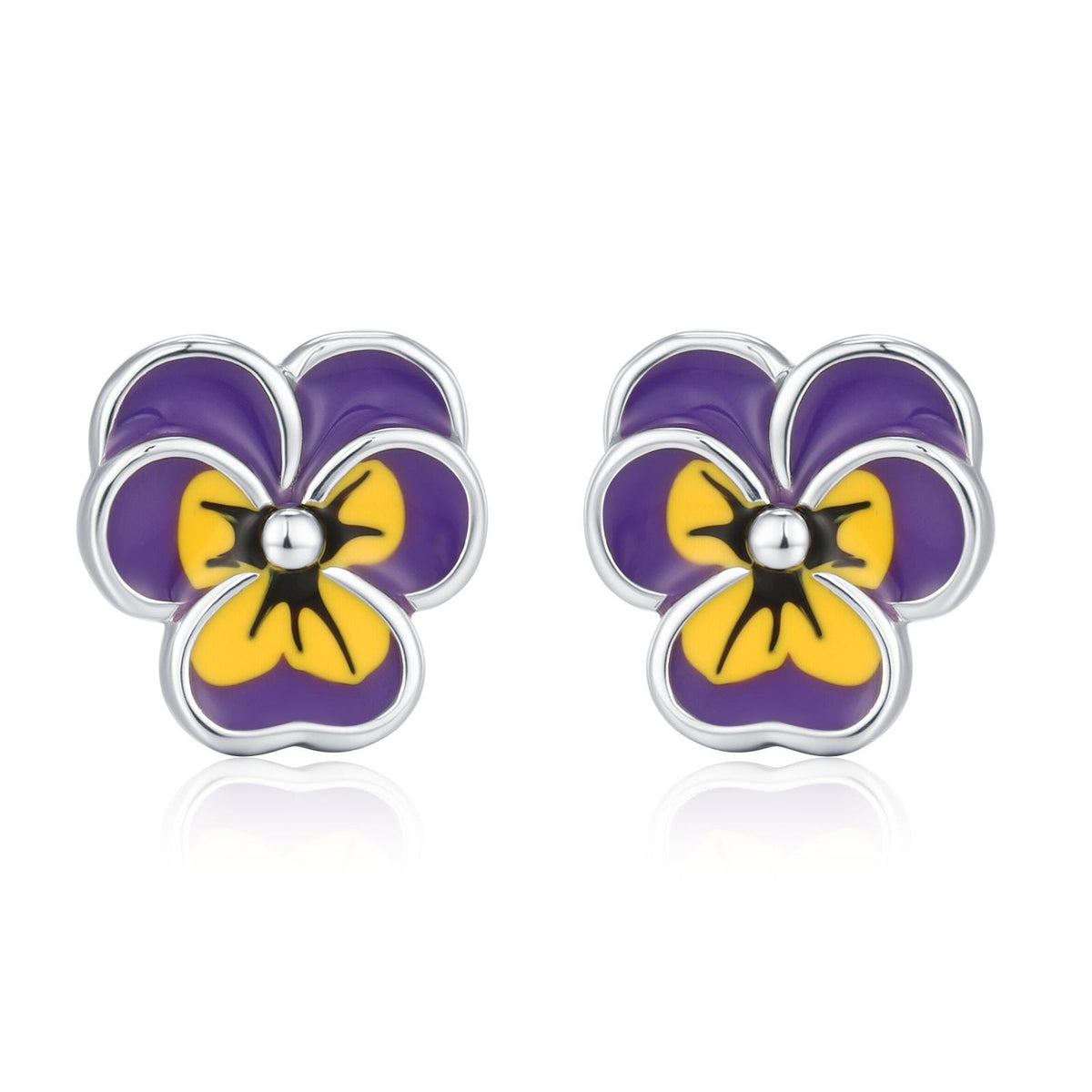 Sterling Silver Enamel Pansy Stud Earrings