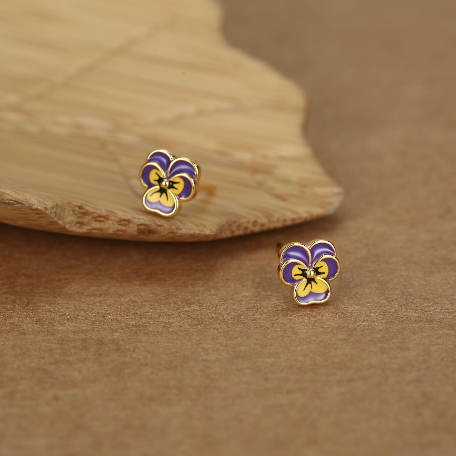 Sterling Silver Enamel Pansy Stud Earrings