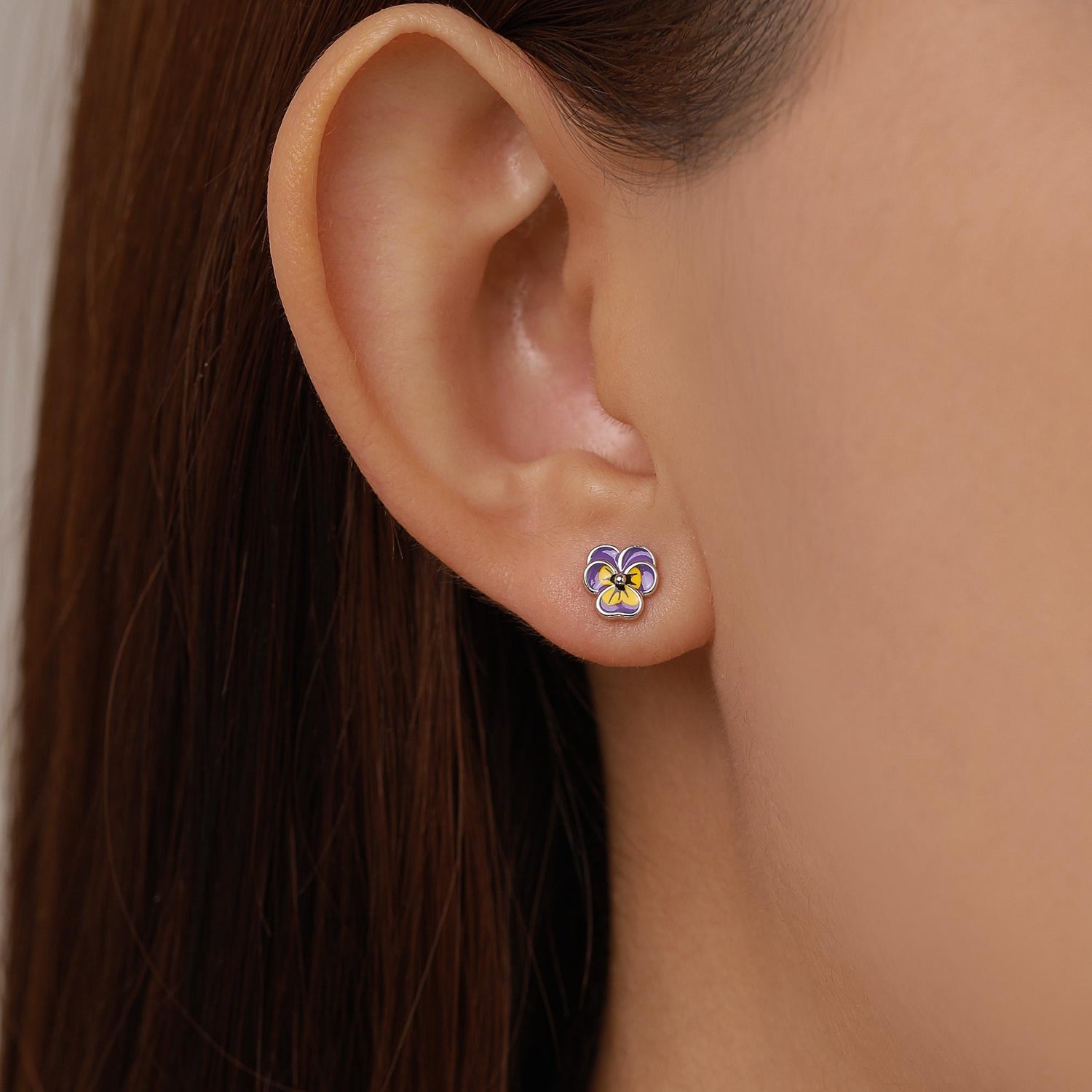 Sterling Silver Enamel Pansy Stud Earrings