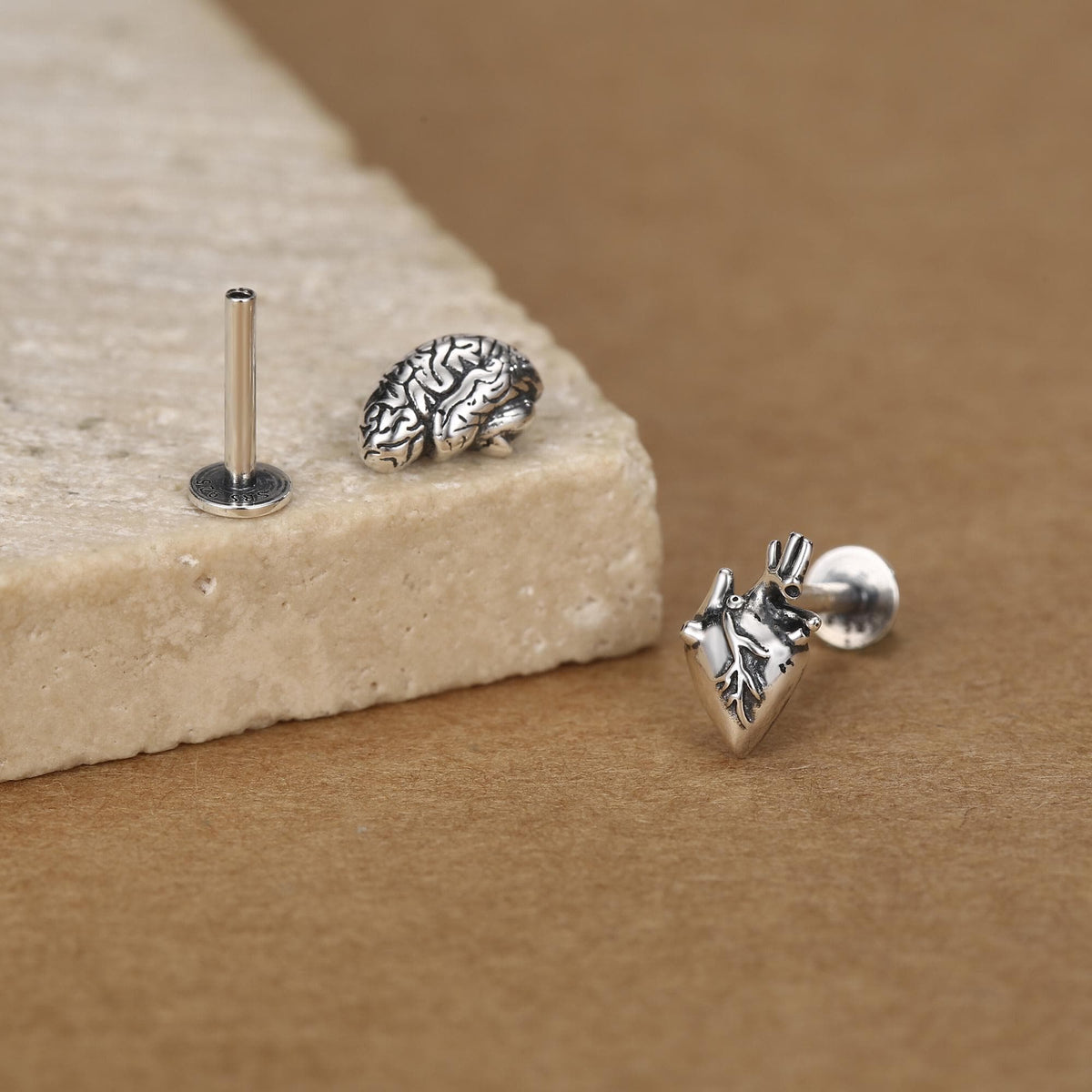 Sterling Silver Mismatched Anatomical Heart and Brain 16G Flat Back Labret