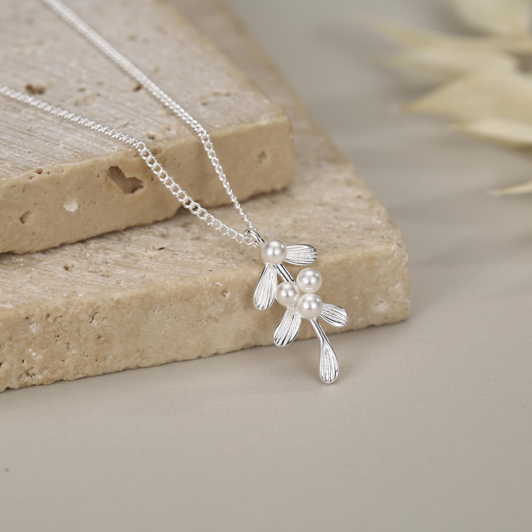 Sterling Silver Pearl Mistletoe Necklace