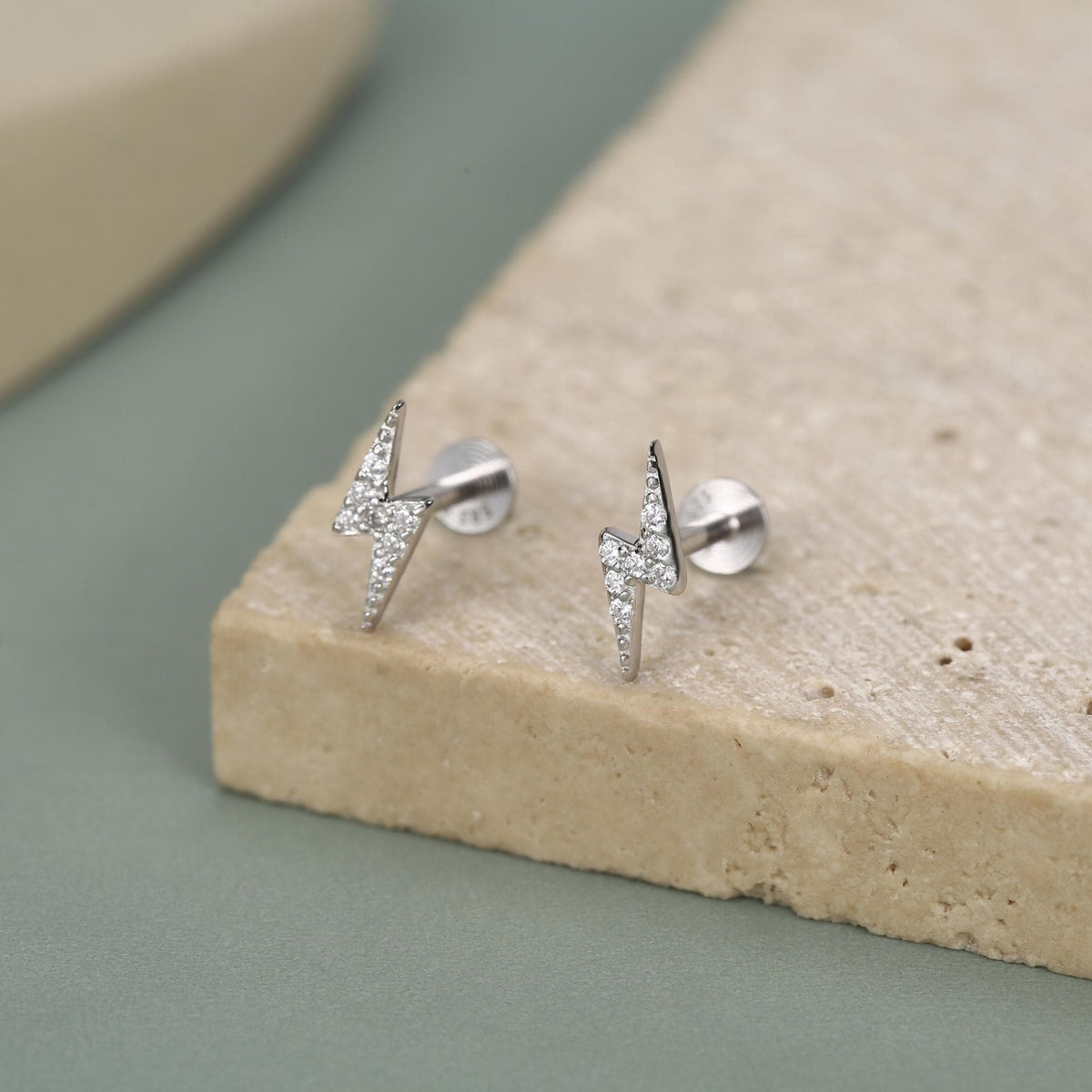 Sterling Silver CZ Lightning Bolt 16G Flat Back Labret