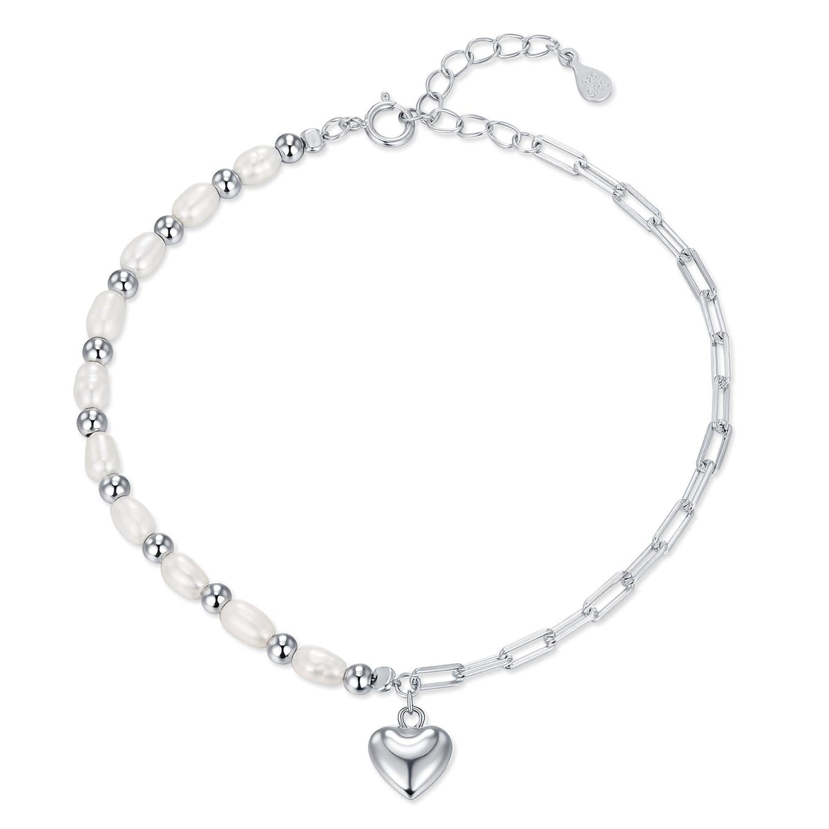 Freshwater Pearl and Paperclip Beaded Bracelet with a Heart Charm