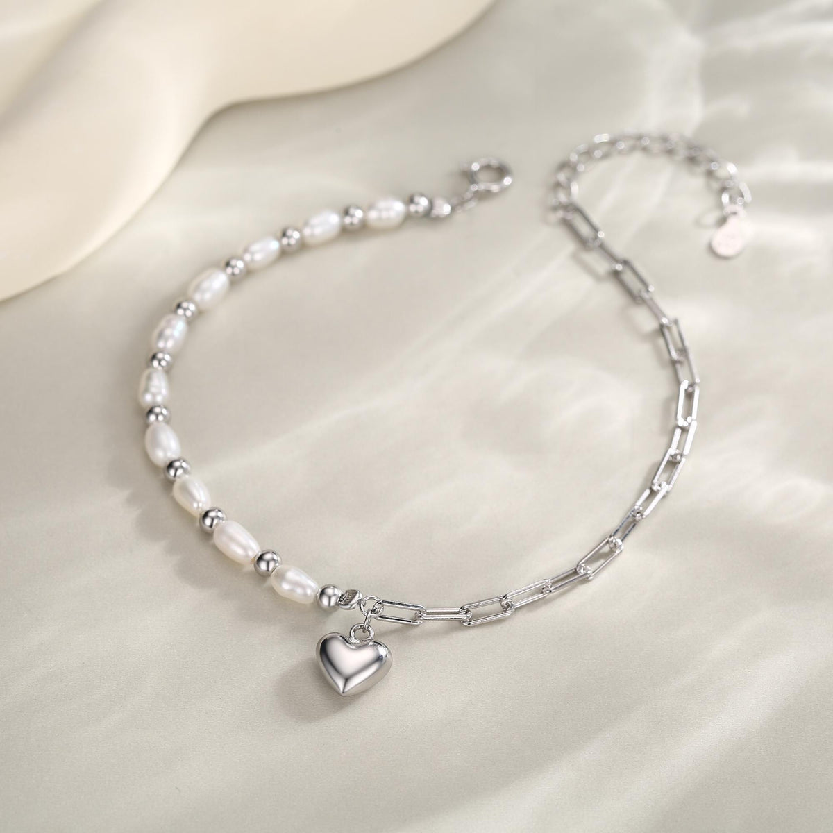 Freshwater Pearl and Paperclip Beaded Bracelet with a Heart Charm