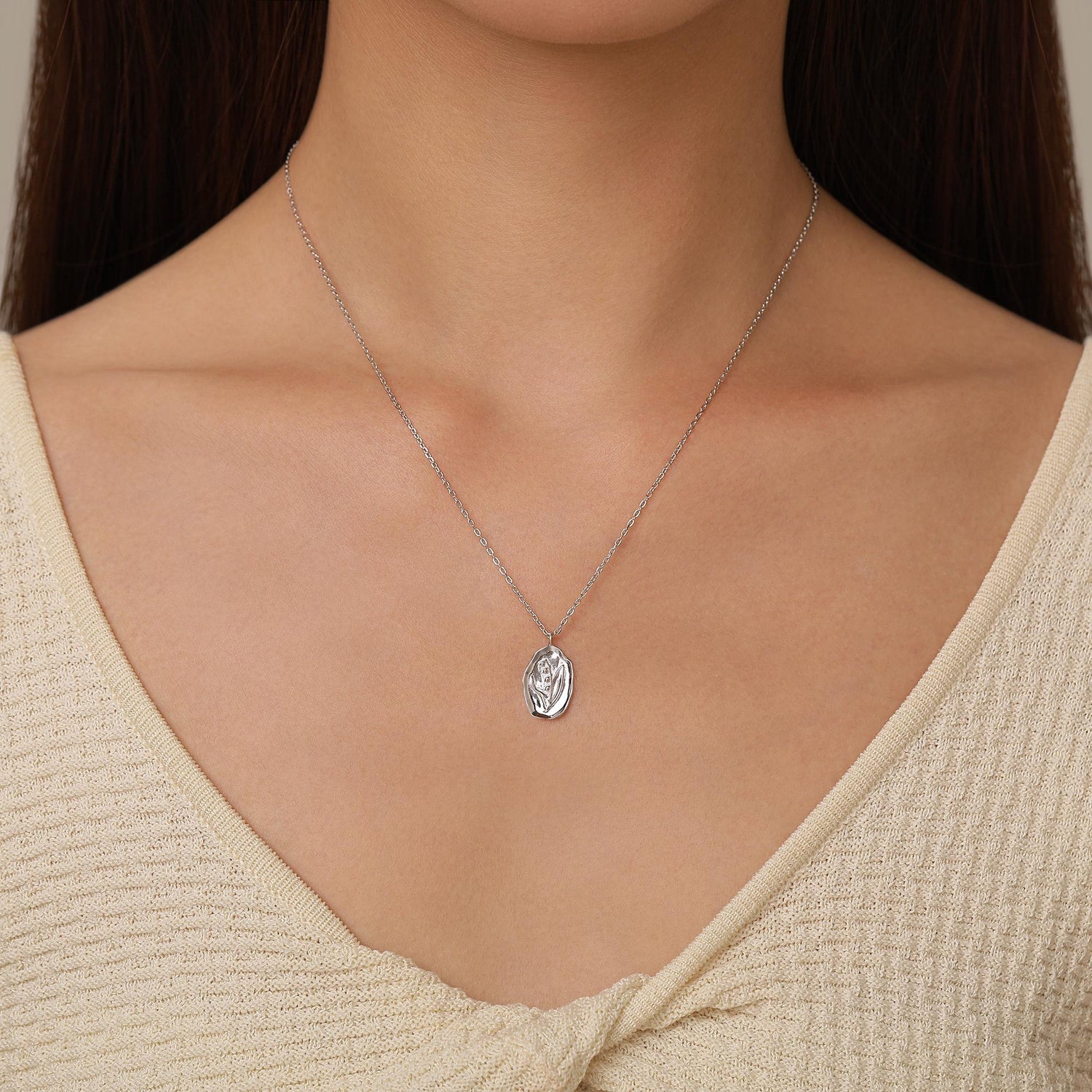 Lily of the Valley Birth Flower Oval Pendant Necklace