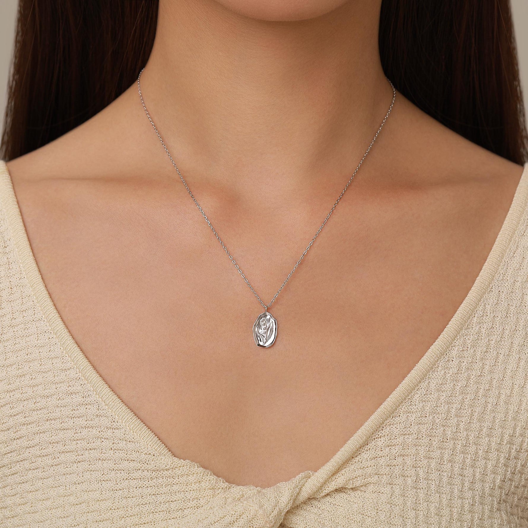 Lily of the Valley Birth Flower Oval Pendant Necklace