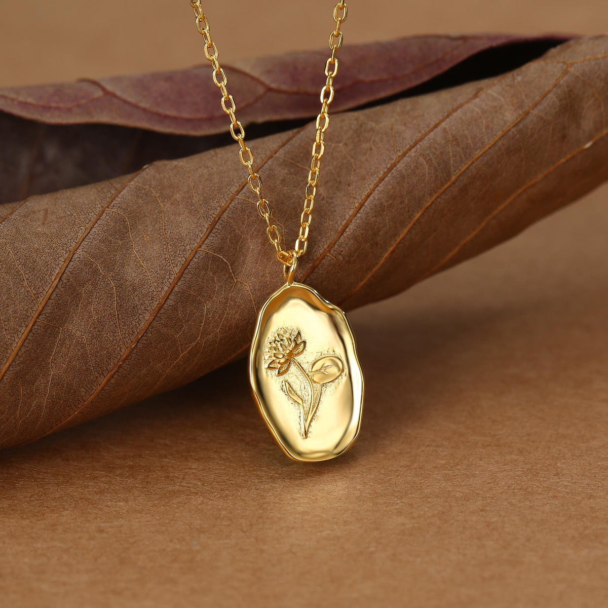 Water Lily Flower Oval Pendant Necklace
