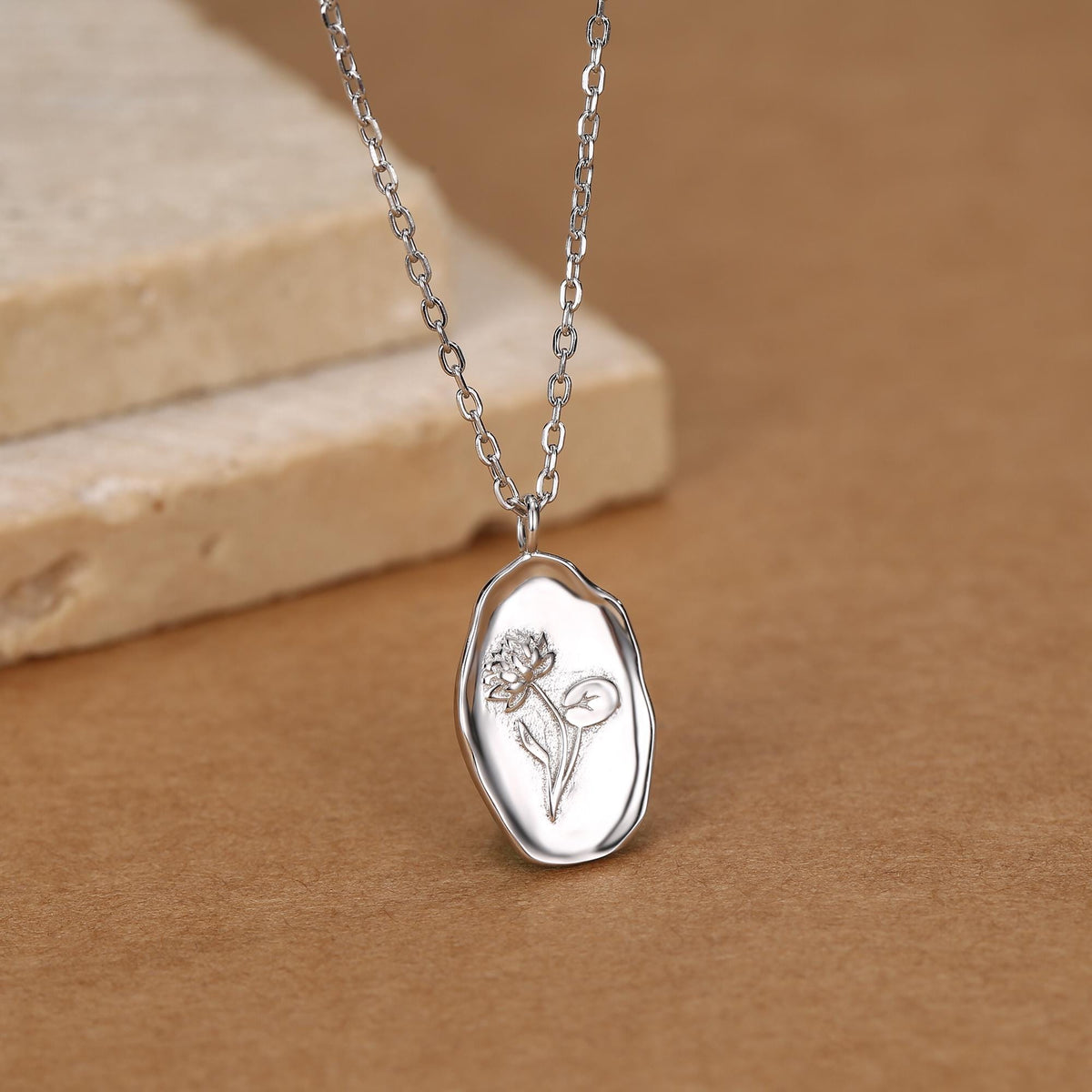 Water Lily Flower Oval Pendant Necklace