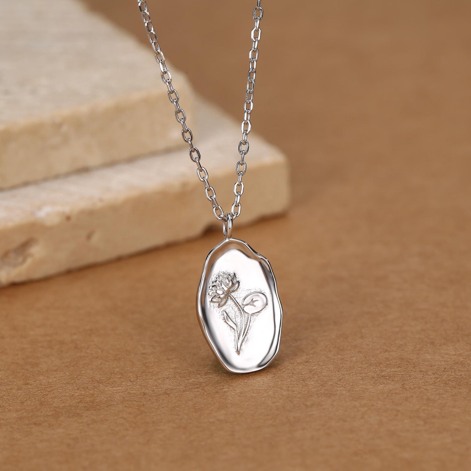 Water Lily Flower Oval Pendant Necklace