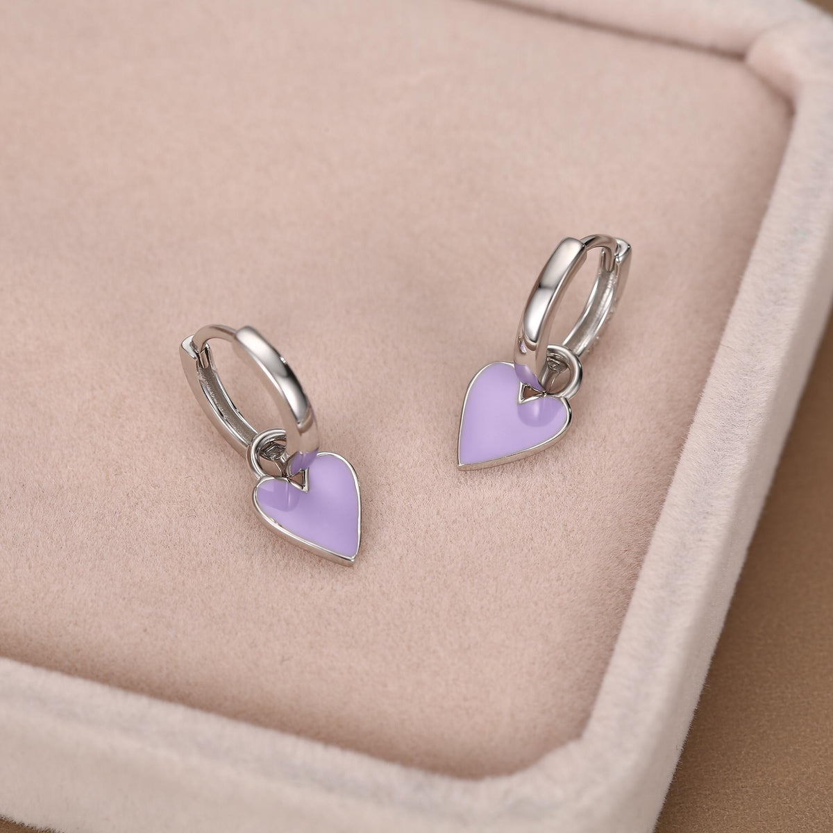 Lilac Purple Enamel Heart Earrings in Sterling Silver, Detachable Heart Charm Dangle Hoop Earrings, Interchangeable