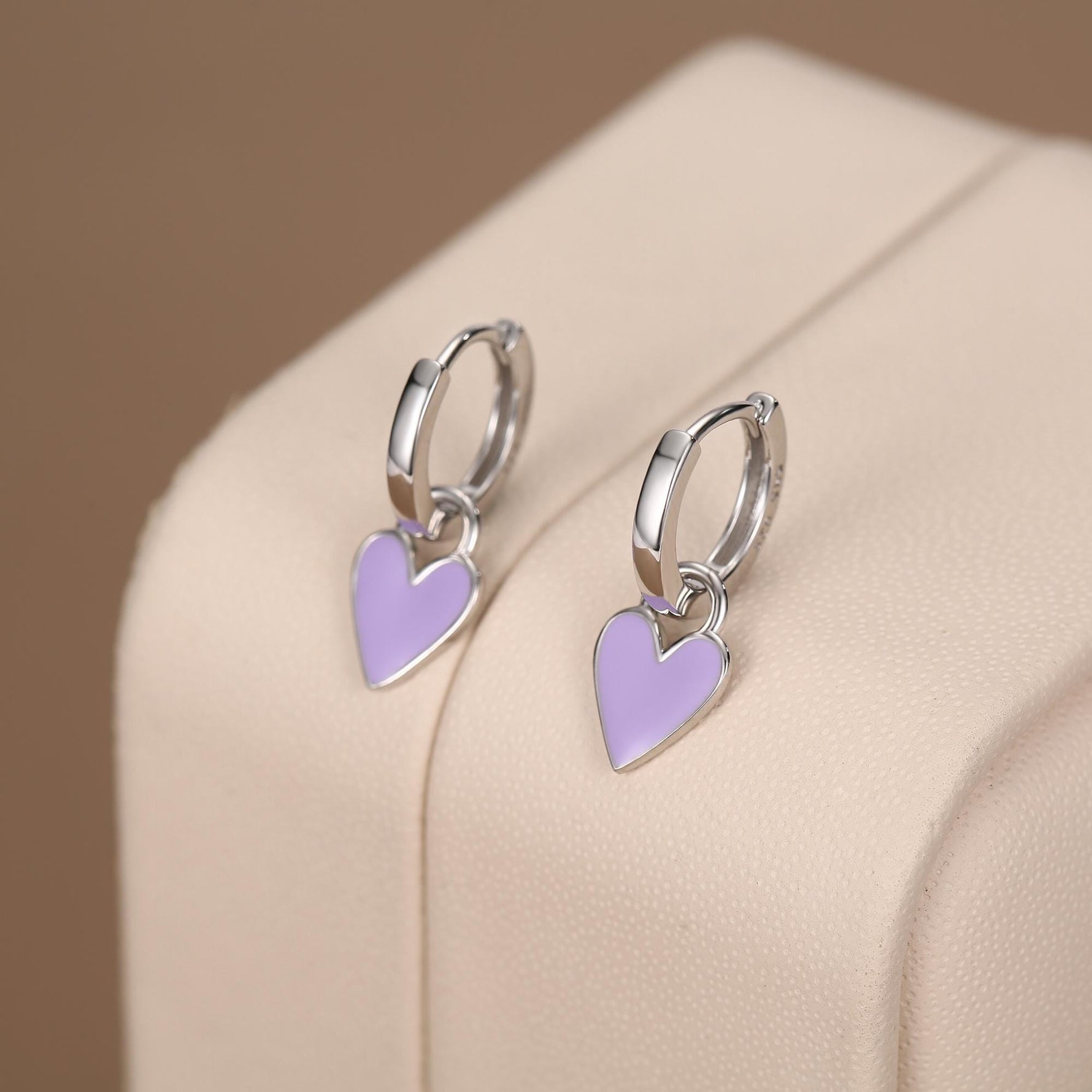 Lilac Purple Enamel Heart Earrings in Sterling Silver, Detachable Heart Charm Dangle Hoop Earrings, Interchangeable