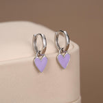Lilac Purple Enamel Heart Earrings in Sterling Silver, Detachable Heart Charm Dangle Hoop Earrings, Interchangeable