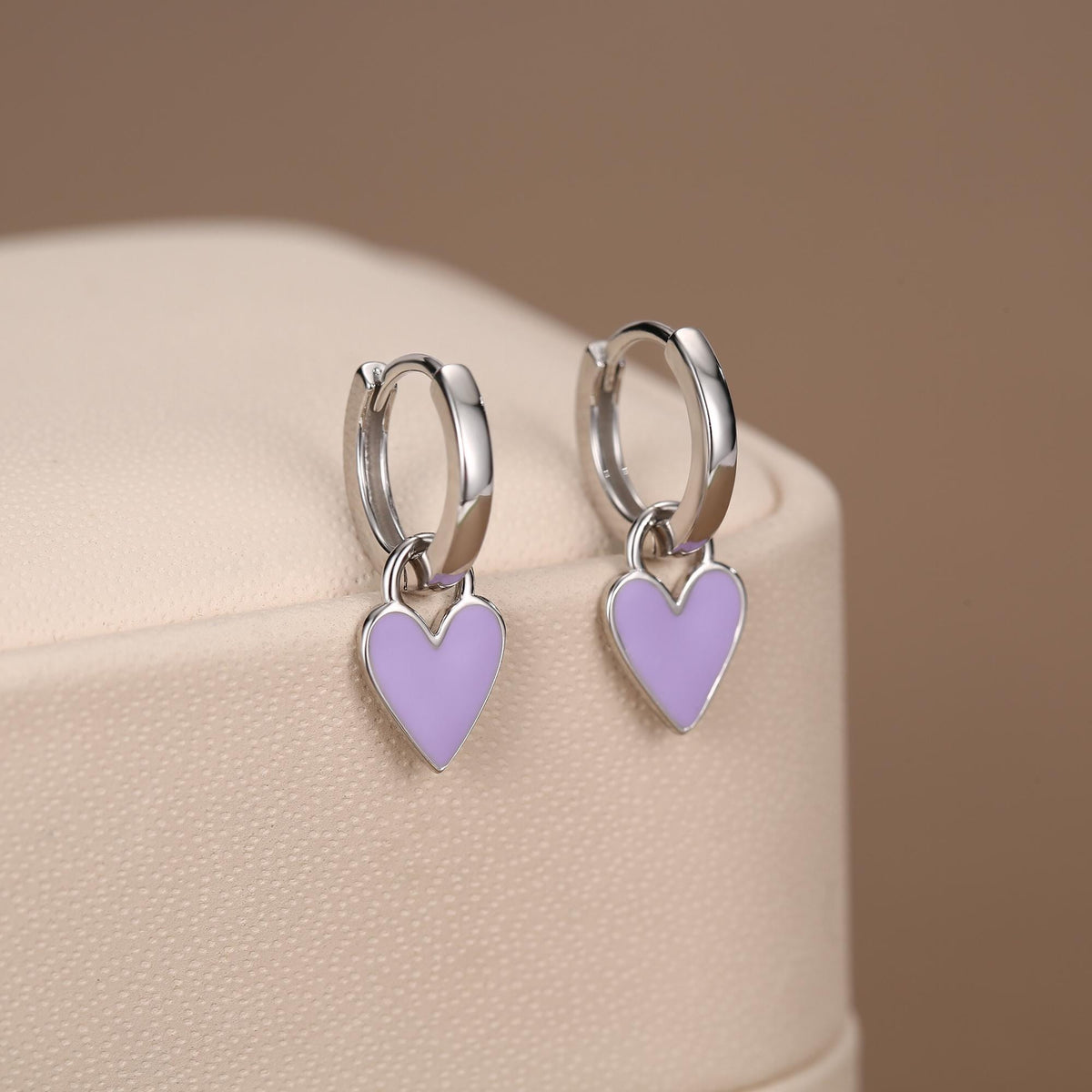 Lilac Purple Enamel Heart Earrings in Sterling Silver, Detachable Heart Charm Dangle Hoop Earrings, Interchangeable