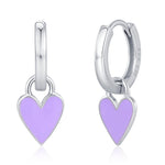 Lilac Purple Enamel Heart Earrings in Sterling Silver, Detachable Heart Charm Dangle Hoop Earrings, Interchangeable
