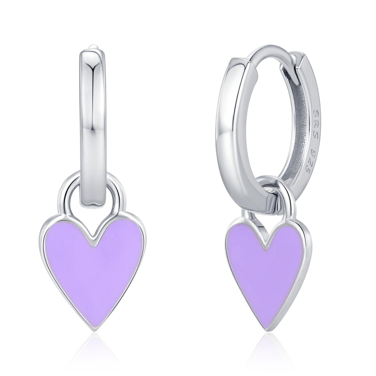 Lilac Purple Enamel Heart Earrings in Sterling Silver, Detachable Heart Charm Dangle Hoop Earrings, Interchangeable