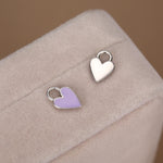 Lilac Purple Enamel Heart Earrings in Sterling Silver, Detachable Heart Charm Dangle Hoop Earrings, Interchangeable