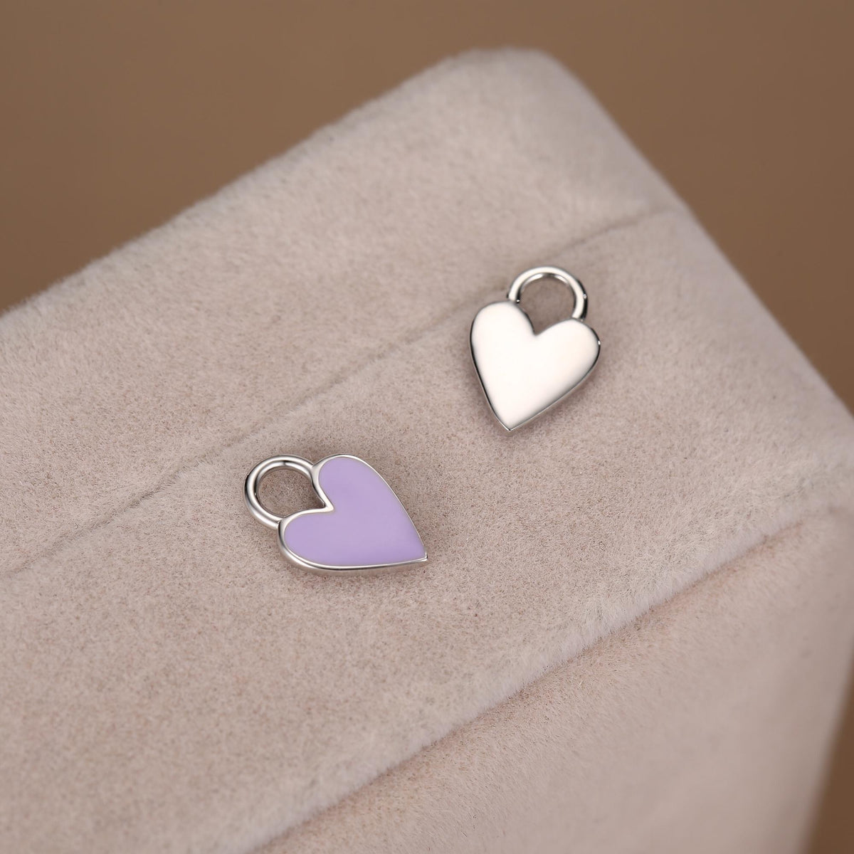Lilac Purple Enamel Heart Earrings in Sterling Silver, Detachable Heart Charm Dangle Hoop Earrings, Interchangeable