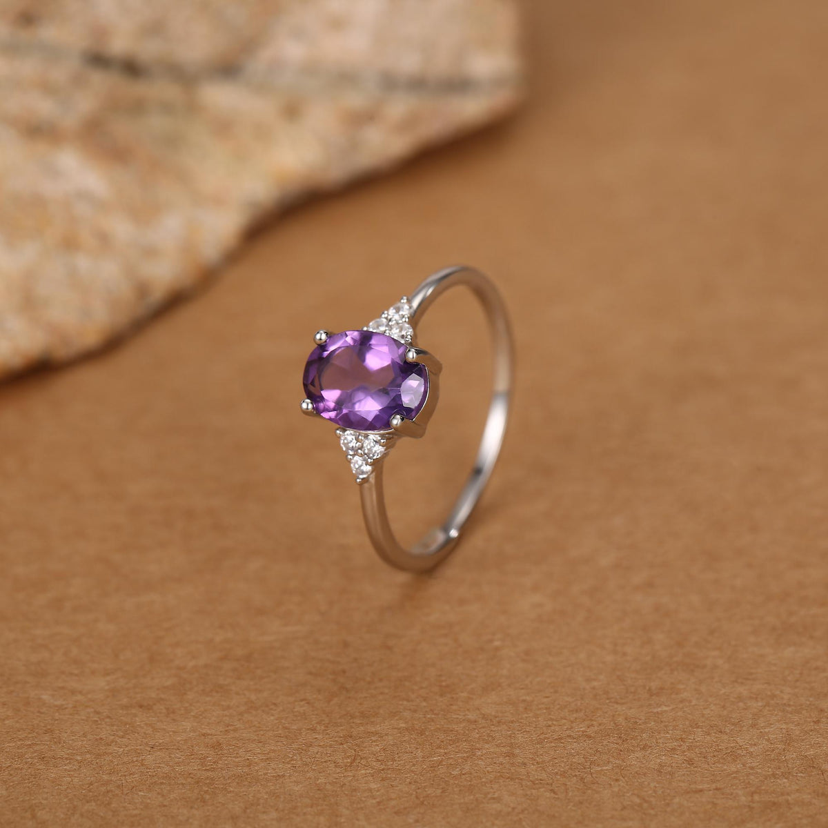 Vintage Amethyst Oval Gemstone Ring with CZ Accents