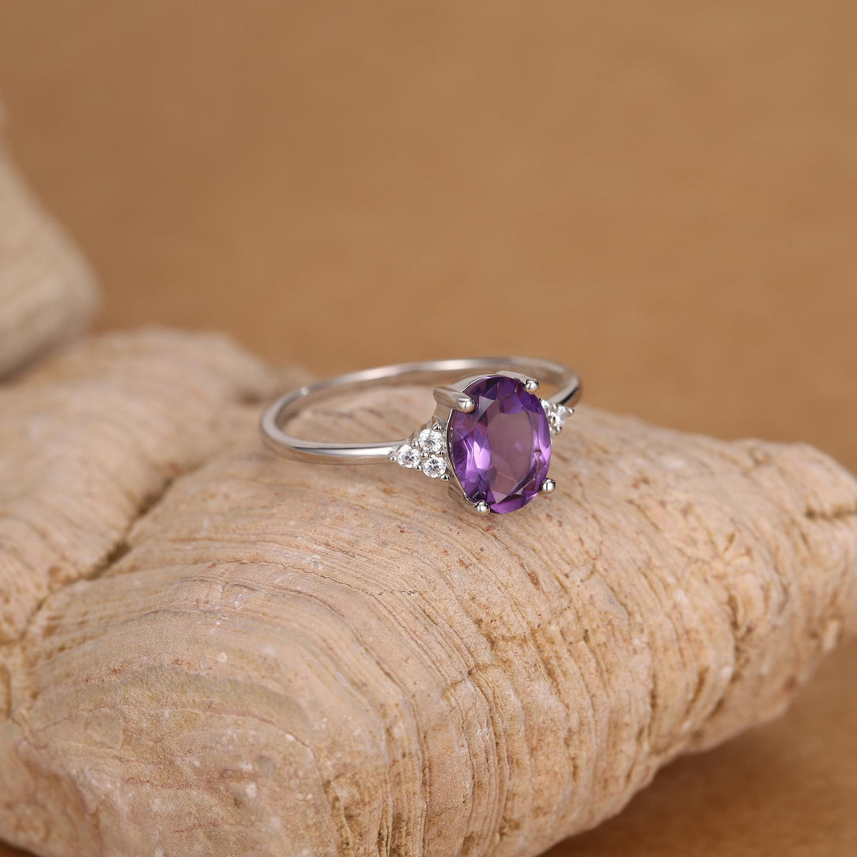 Vintage Amethyst Oval Gemstone Ring with CZ Accents