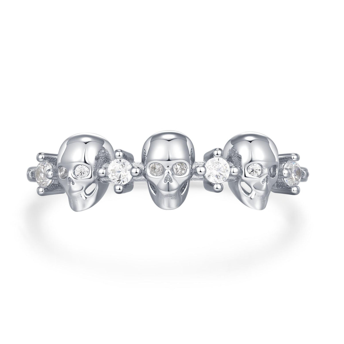 Triple Skull Motif Ring with Clear CZ