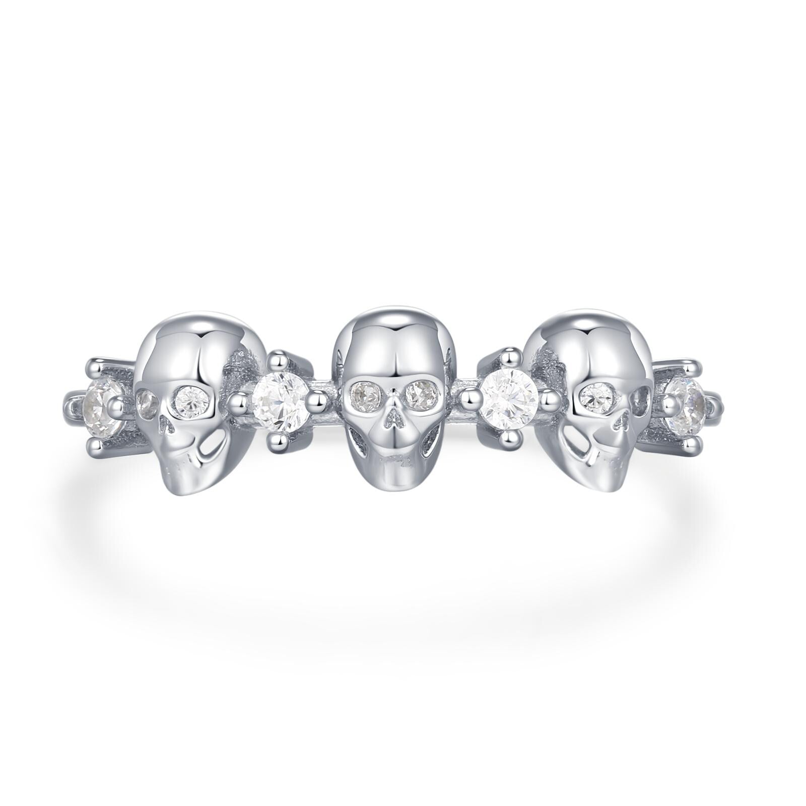 Triple Skull Motif Ring with Clear CZ