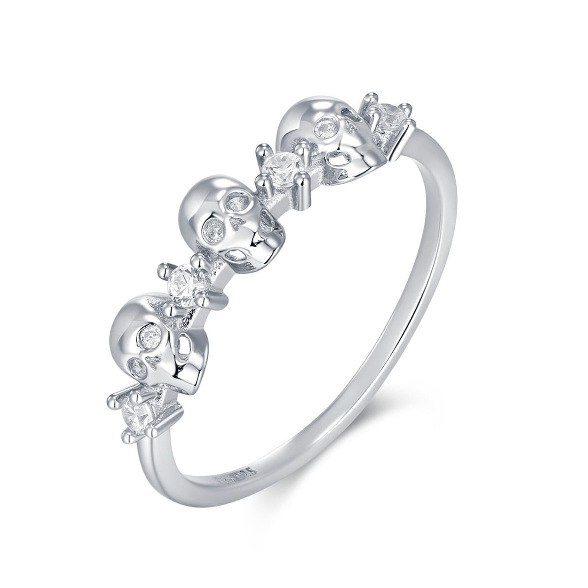 Triple Skull Motif Ring with Clear CZ