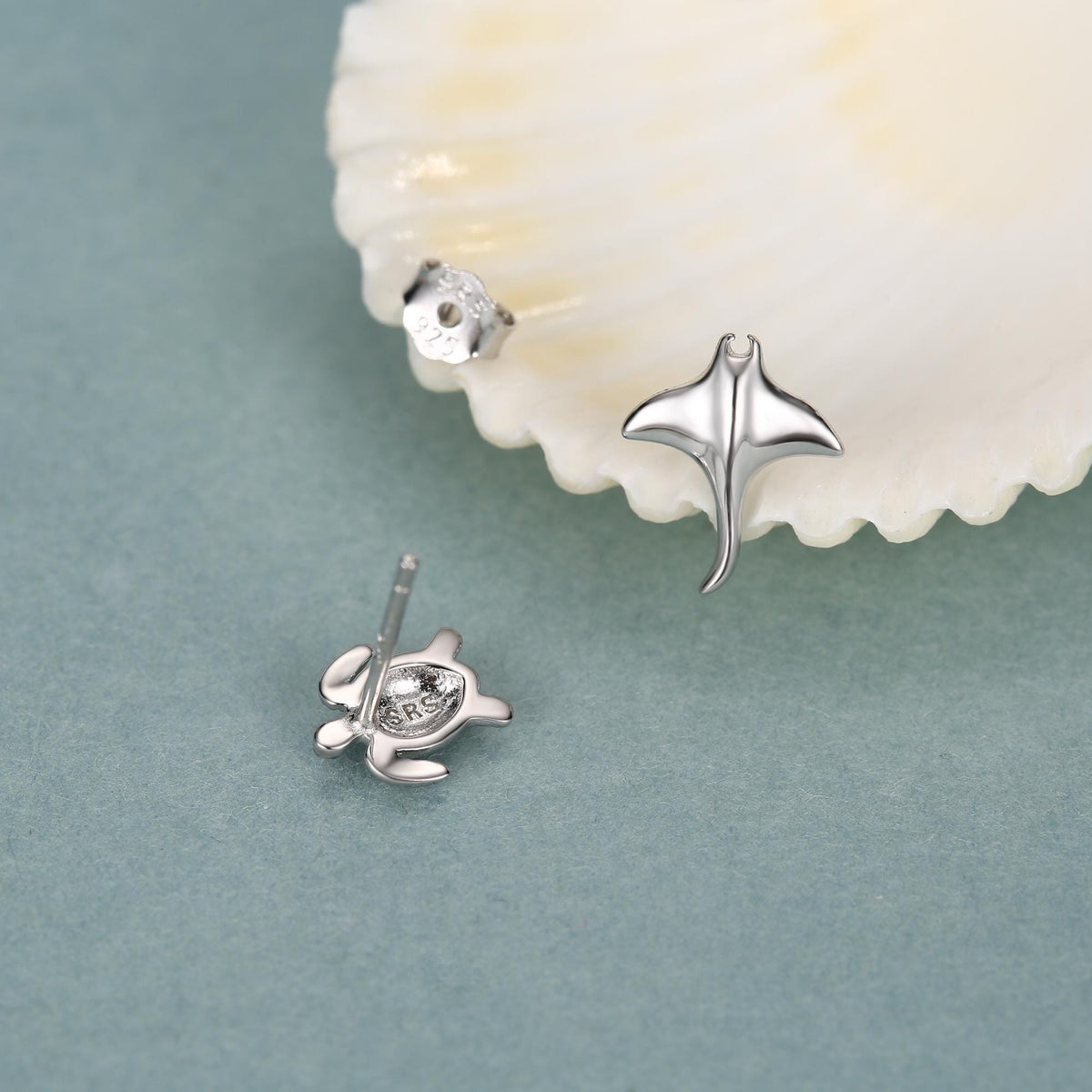 Mismatched Manta Ray and Sea Turtle Stud Earrings