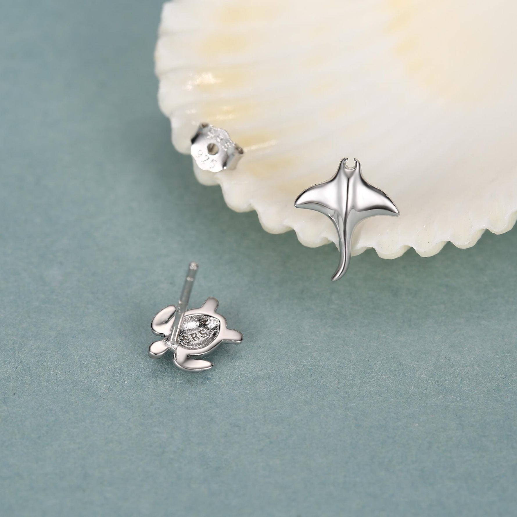 Mismatched Manta Ray and Sea Turtle Stud Earrings