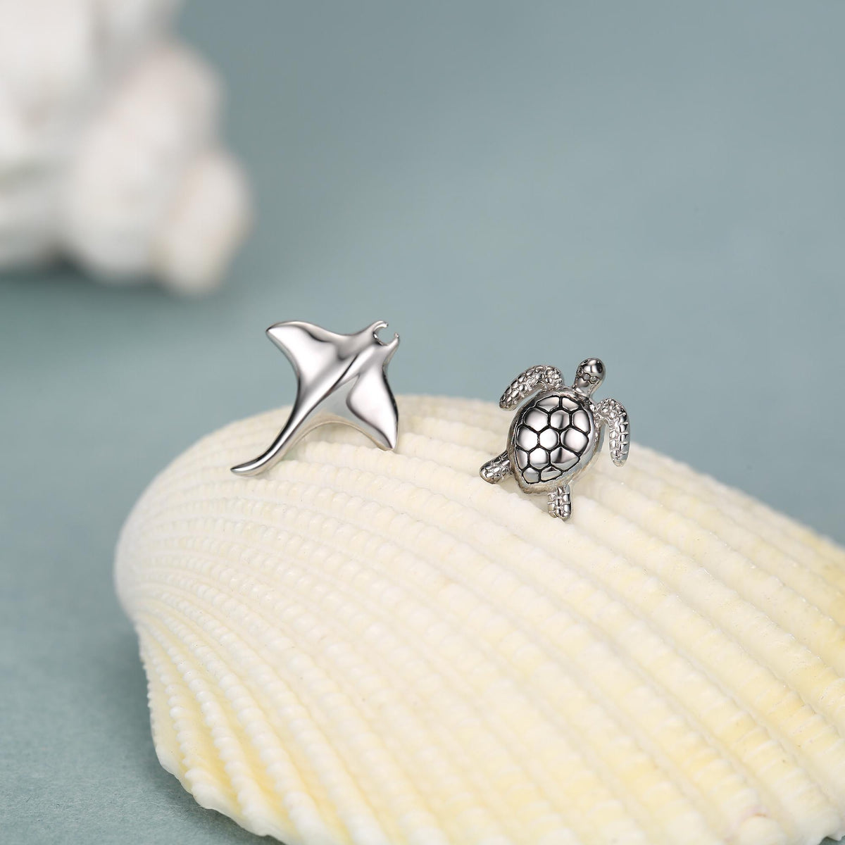 Mismatched Manta Ray and Sea Turtle Stud Earrings