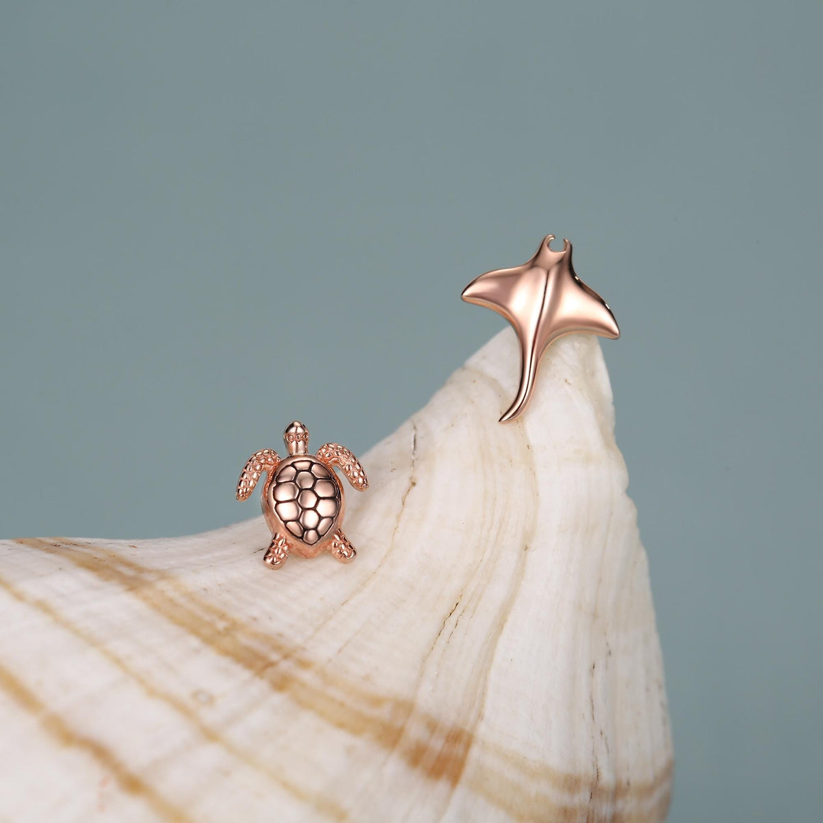 Mismatched Manta Ray and Sea Turtle Stud Earrings