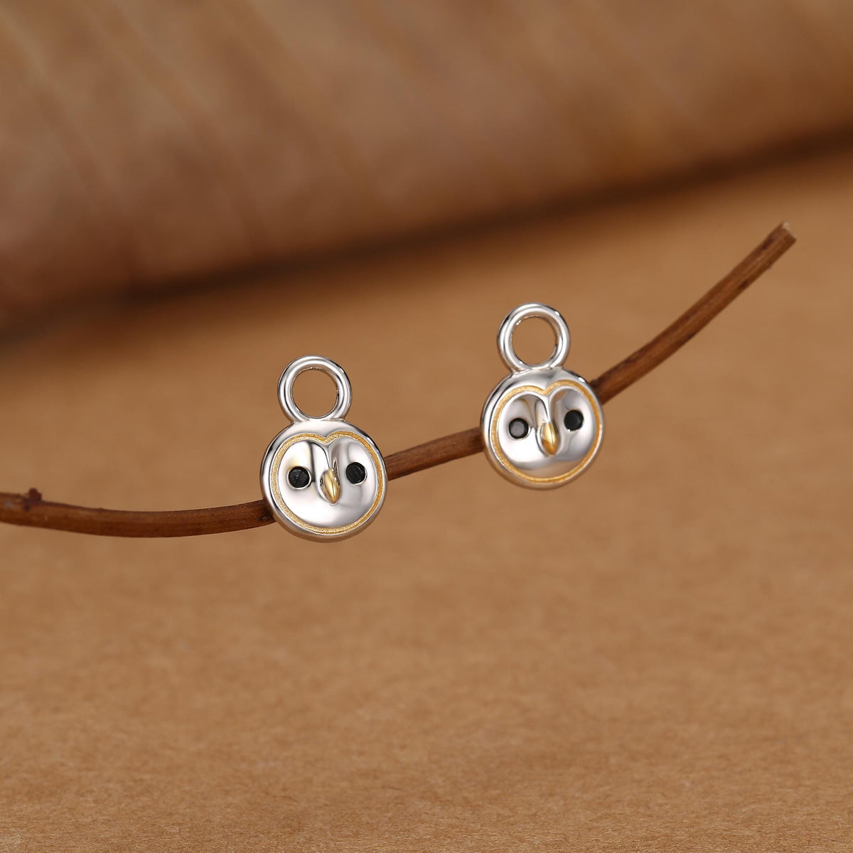 Super Cute Barn Owl Huggie Earrings in Sterling Silver - Cute Baby Owl Huggie Hoops, Detachable Owl Charm Hoops