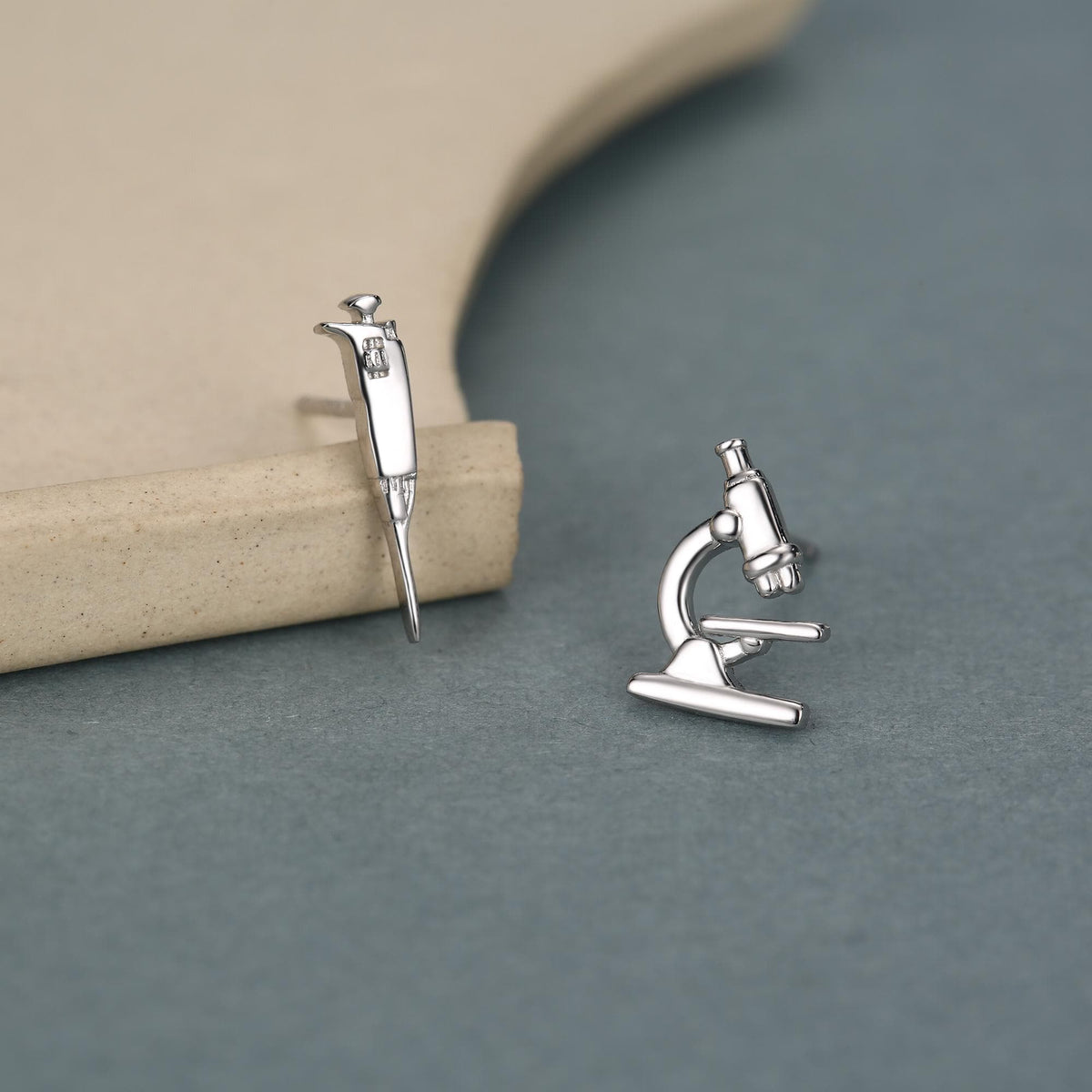 Sterling Silver Microscope and Pipette Mismatched Stud Earrings