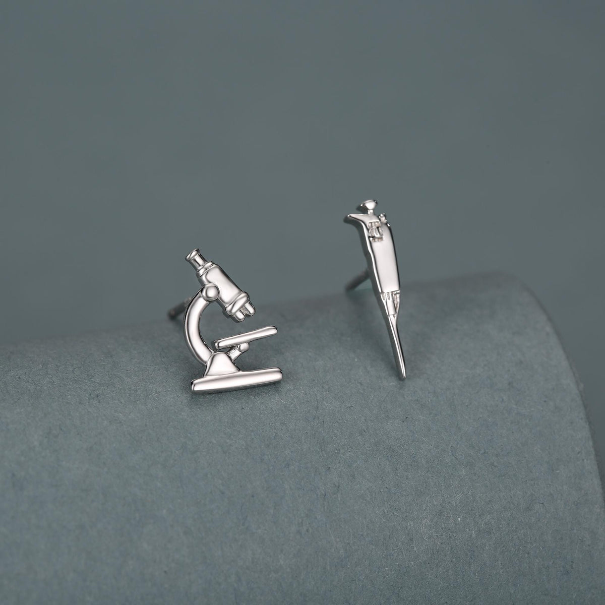 Sterling Silver Microscope and Pipette Mismatched Stud Earrings