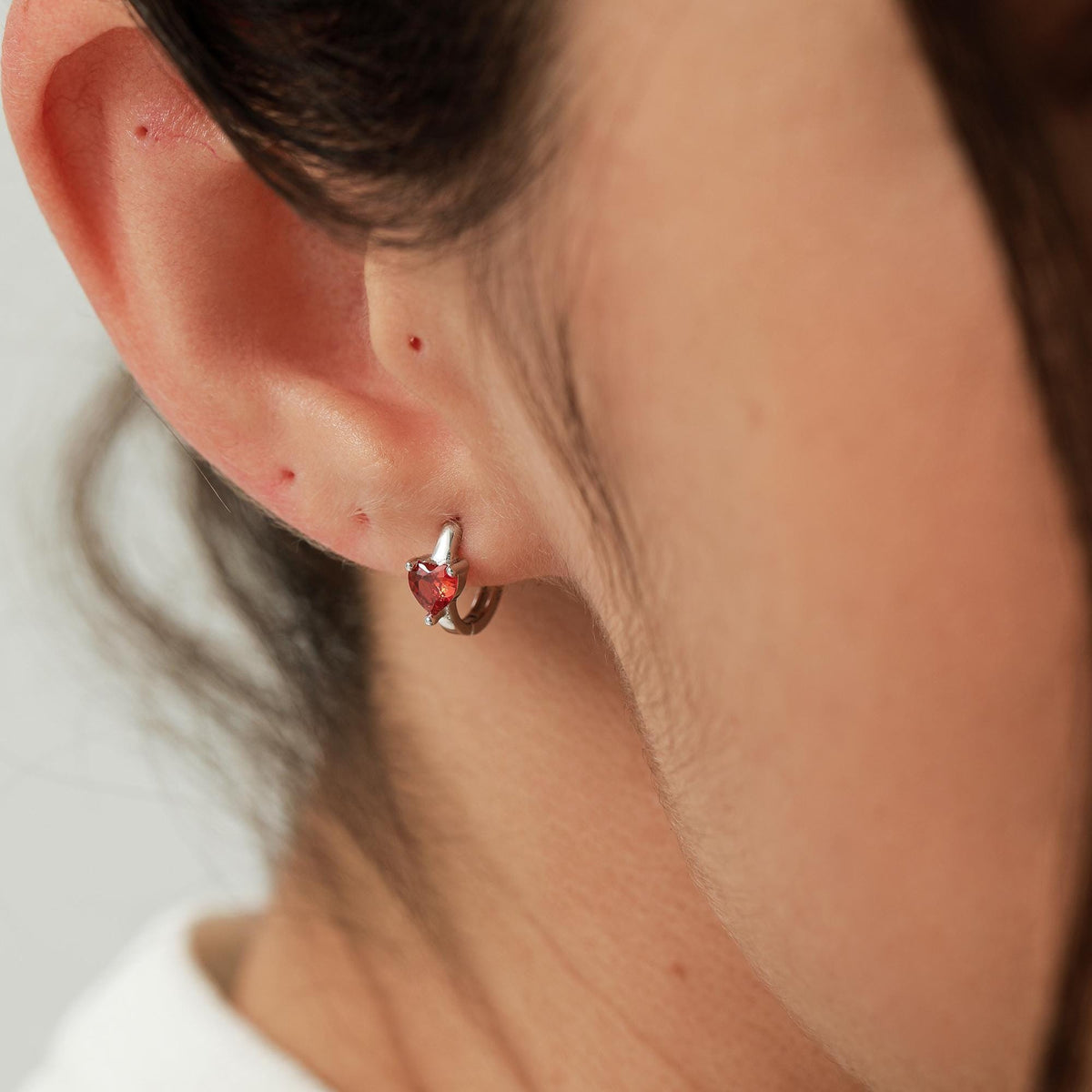 Garnet Red Heart CZ Huggie Hoop in Sterling Silver, Silver or Gold, 8mm Inner Diameter, Stacking Earrings, January Birthstone