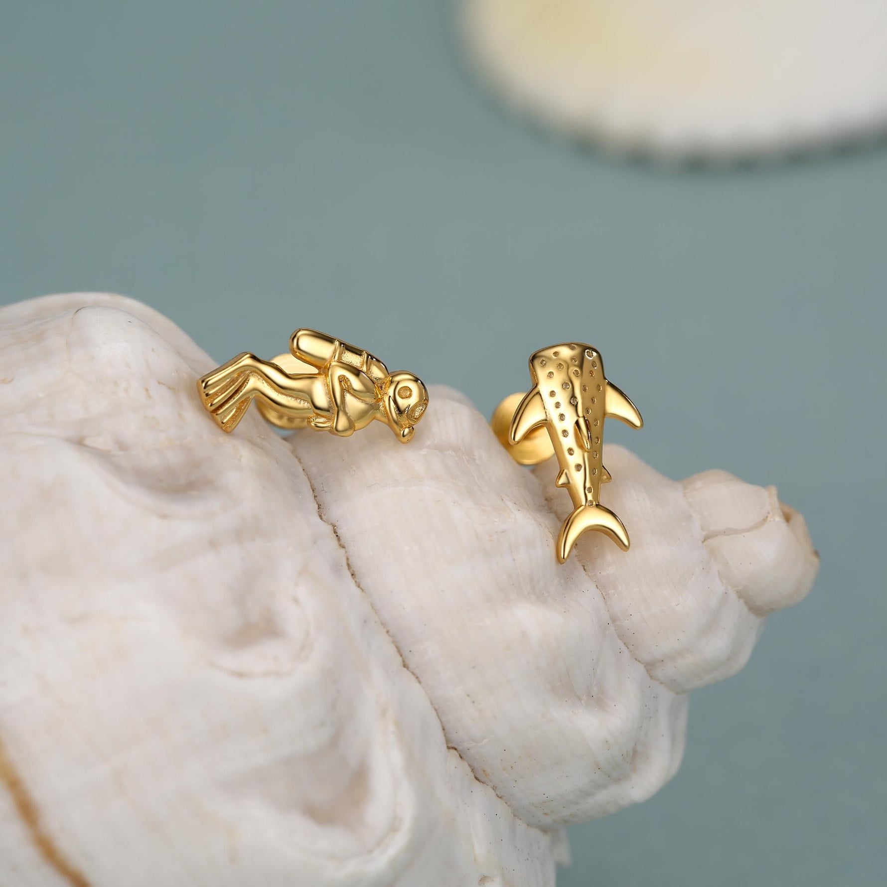 Sterling Silver Diver and Whale Shark Mismatched 16G Flat Back Labret Earrings