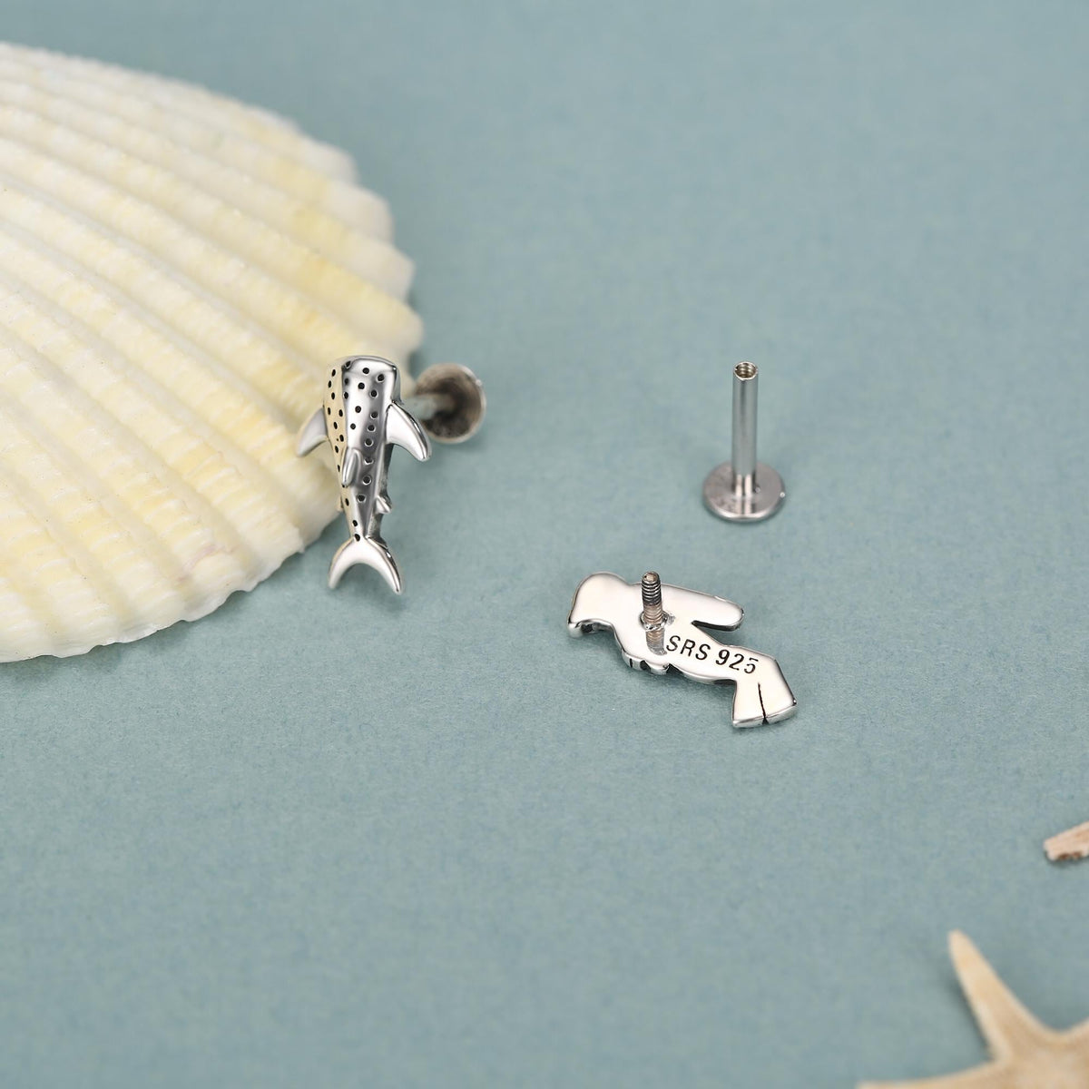 Sterling Silver Diver and Whale Shark Mismatched 16G Flat Back Labret Earrings