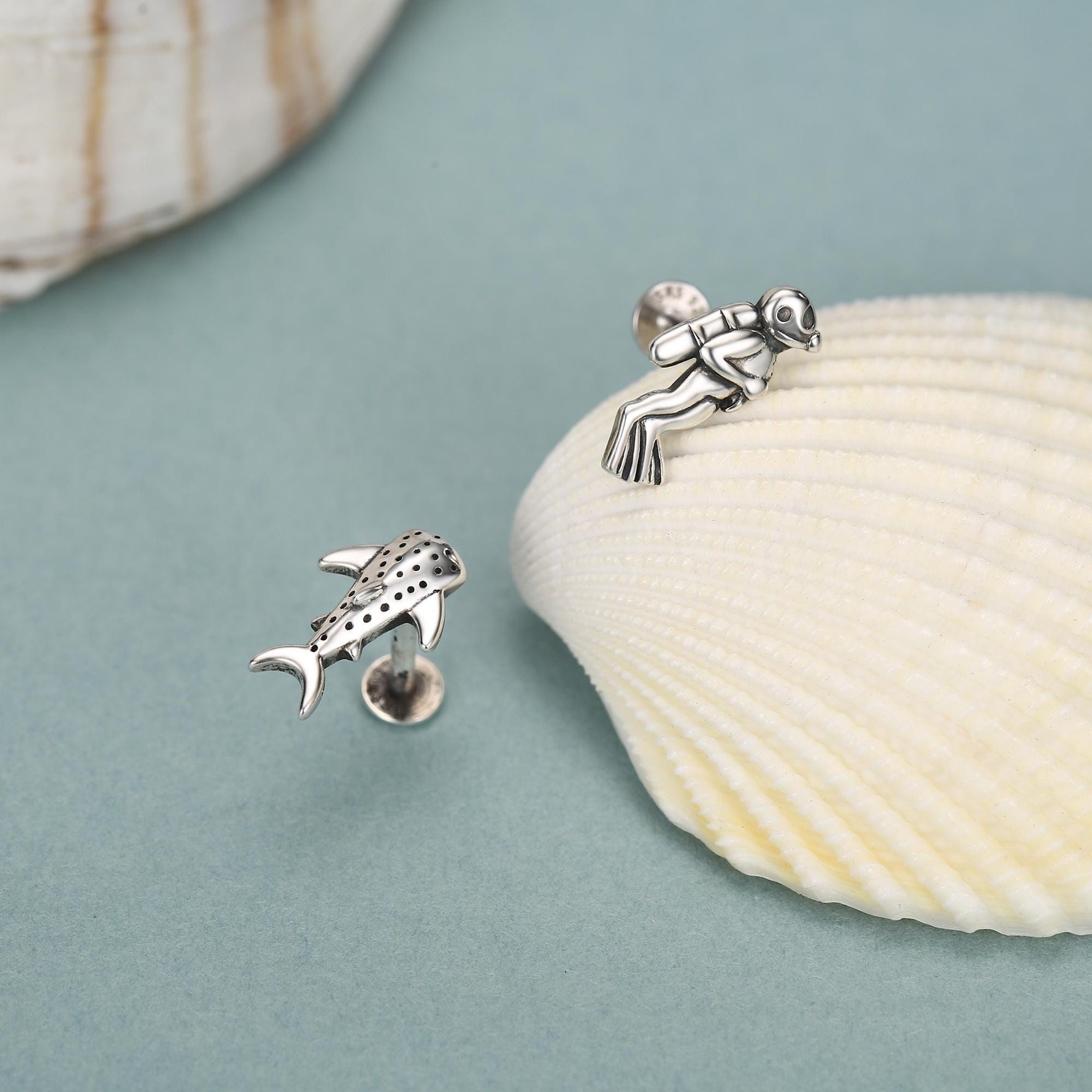 Sterling Silver Diver and Whale Shark Mismatched 16G Flat Back Labret Earrings