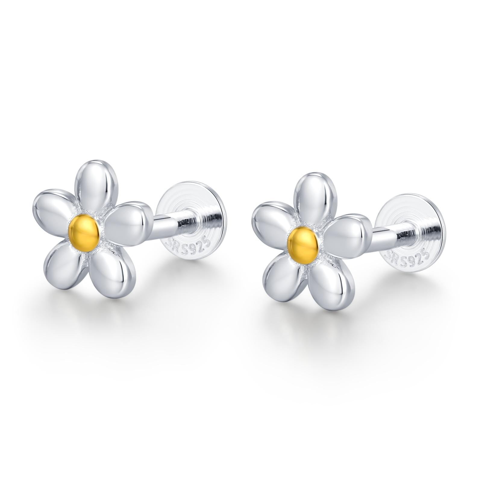 Sterling Silver Daisy 16G Internally Threaded Flat Back Earrings