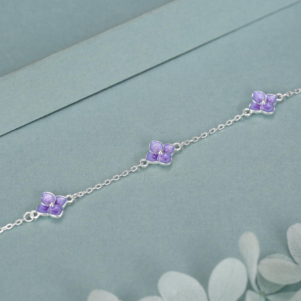 Sterling Silver Purple Enamel Hydrangea Flower Bracelet