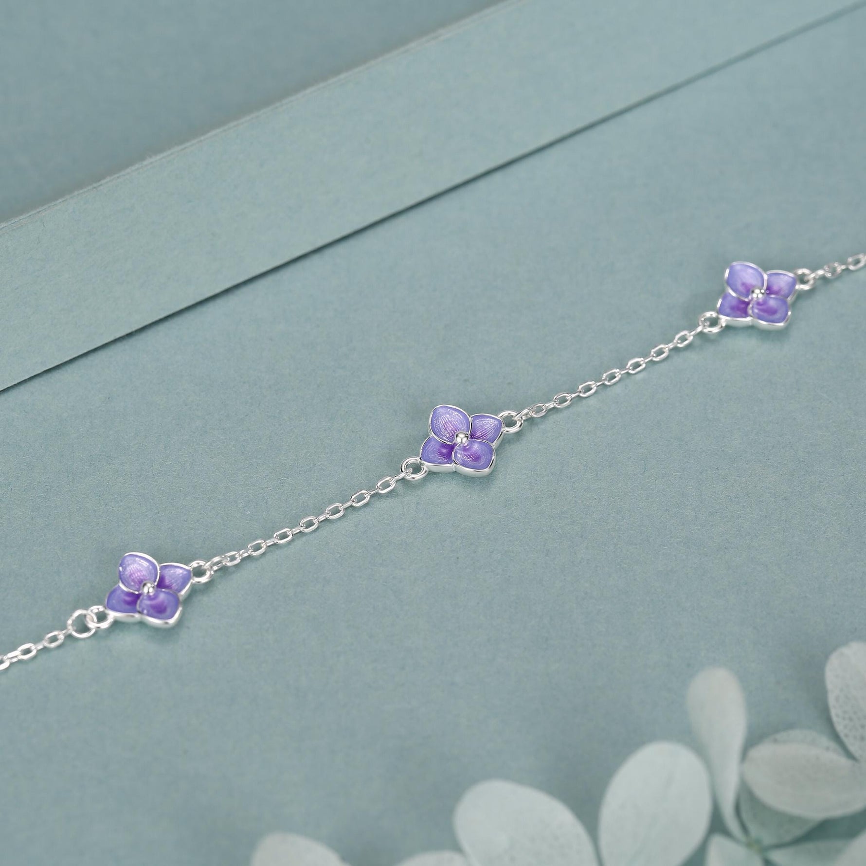 Sterling Silver Purple Enamel Hydrangea Flower Bracelet